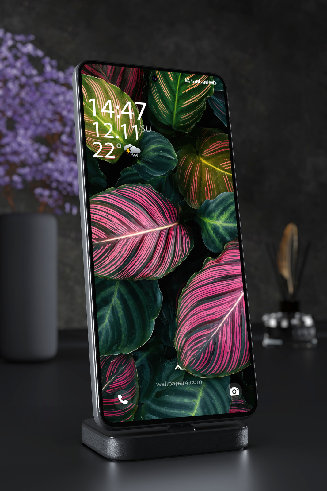 Mobile Wallpaper 8053 - Vibrant Tropical Leaves in Pink and Green
