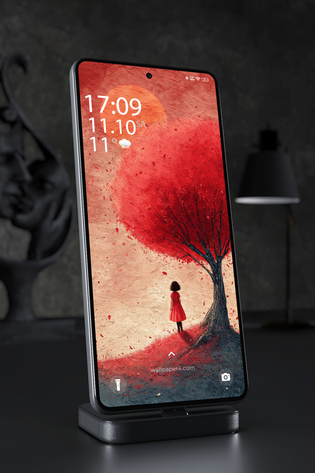 Phone Wallpaper 8057 - Girl Beneath a Crimson Tree and Burning Sun