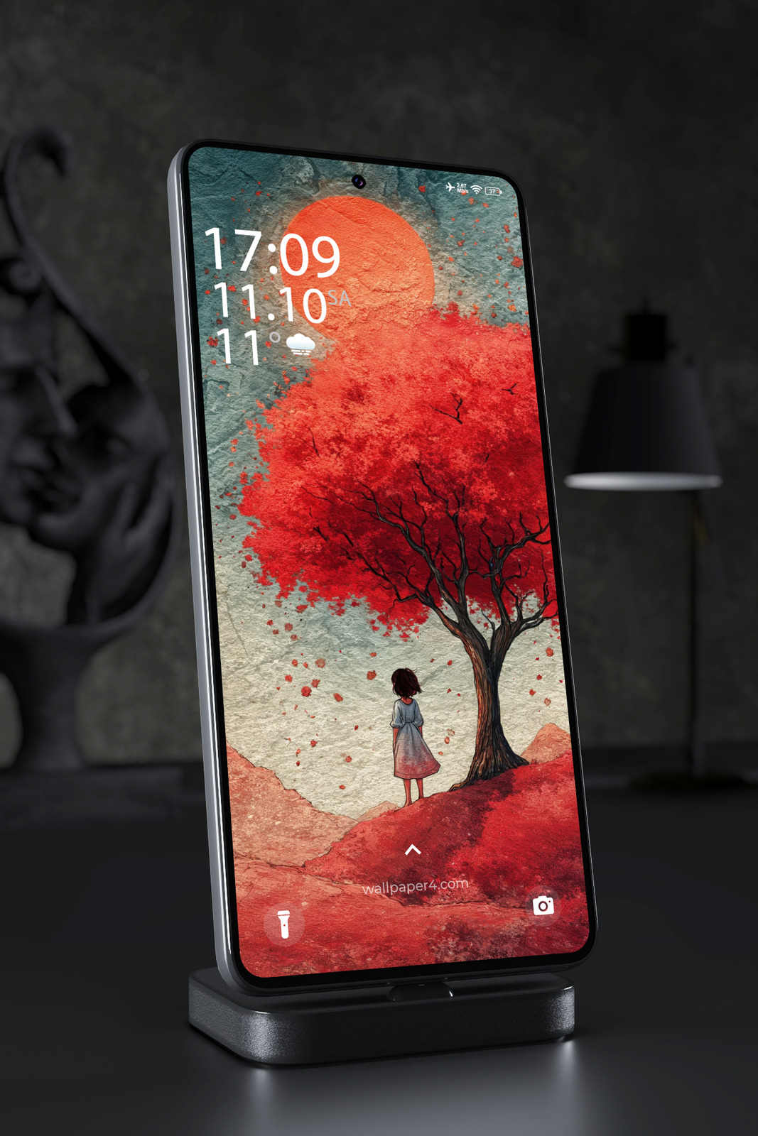 Mobile Wallpaper 8057 - Girl Beneath a Crimson Tree and Burning Sun