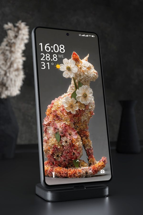 Phone Wallpaper 8062 - Elegant Floral Cat in Soft Autumn Colors