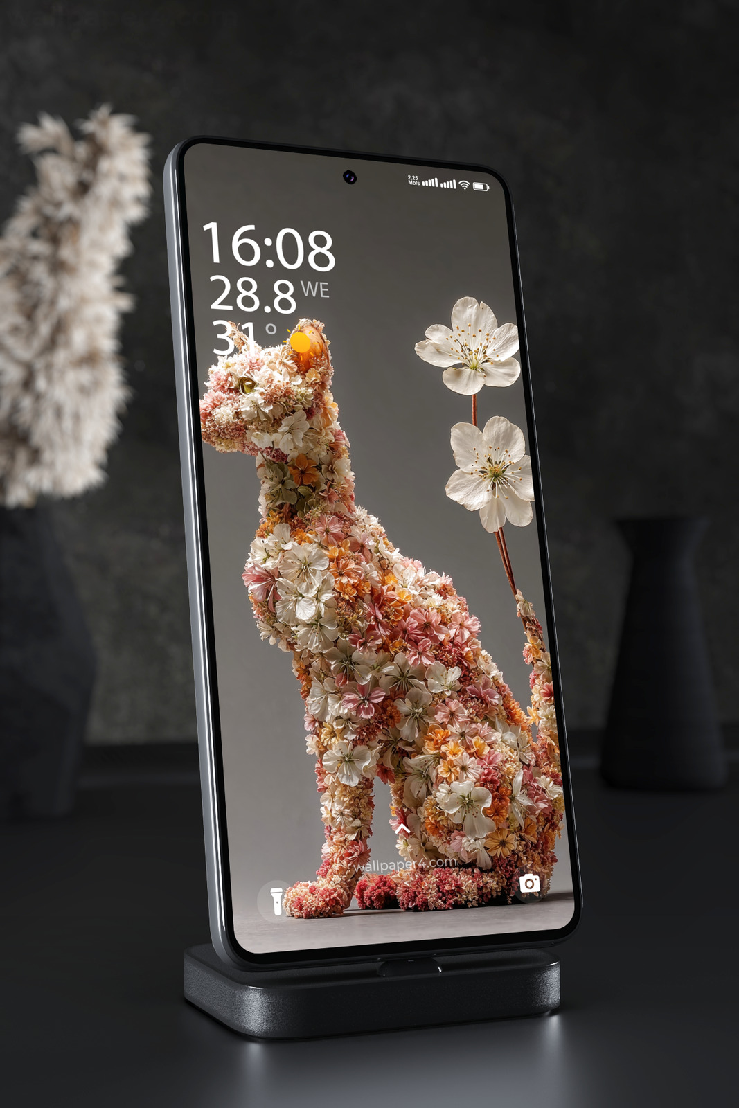 Mobile Wallpaper 8062 - Elegant Floral Cat in Soft Autumn Colors