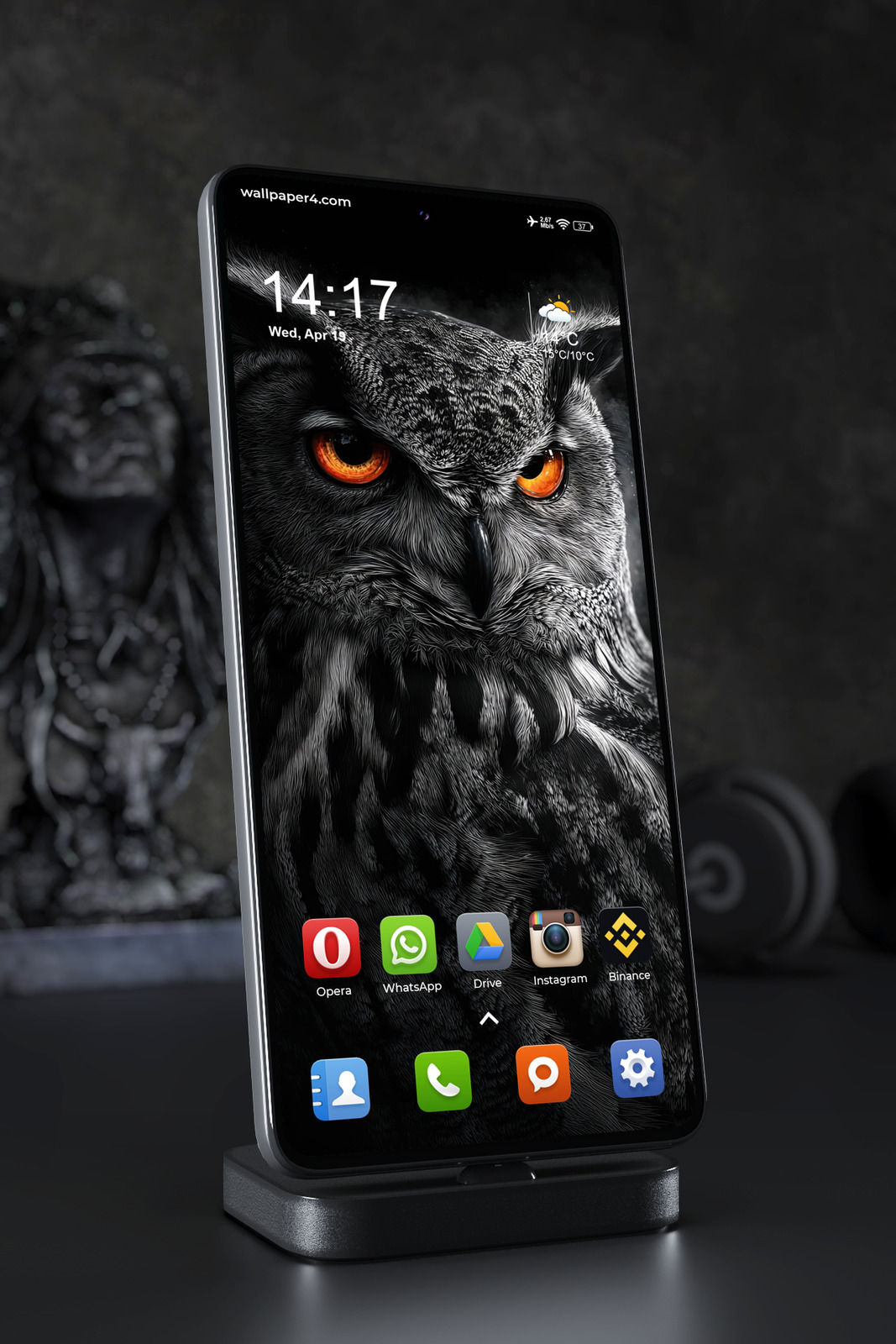 Phone Wallpaper 8082 - Dark Owl Portrait with Fiery Orange Eyes