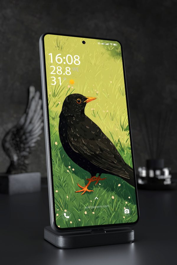 Phone Wallpaper 8099 - Blackbird in a Peaceful Green Meadow