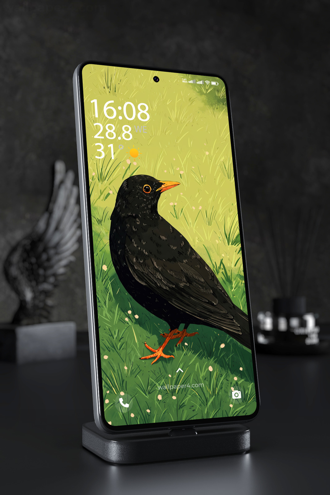 Phone Wallpaper 8099 - Blackbird in a Peaceful Green Meadow