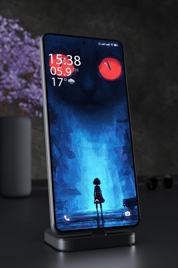Mobile Wallpaper 8113 - Giant Black Cat Over a Neon City Street