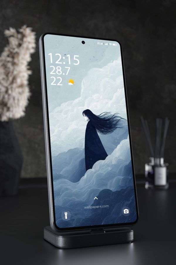 Phone Wallpaper 8130 - Mystic Woman Wandering Through Blue Cloud Waves