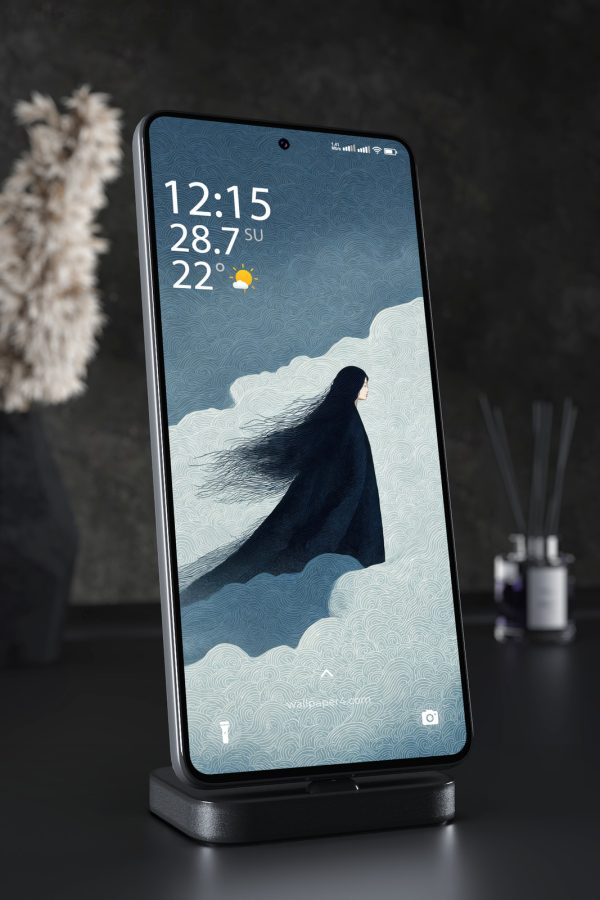 Mobile Wallpaper 8130 - Mystic Woman Wandering Through Blue Cloud Waves