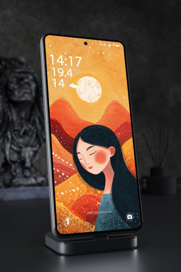 Phone Wallpaper 8141 - Dreaming Woman Beneath the Warm Orange Sun