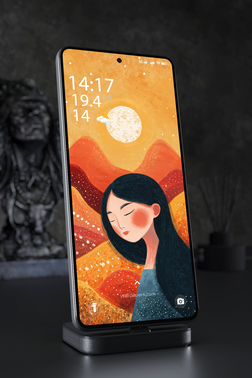 Phone Wallpaper 8141 - Dreaming Woman Beneath the Warm Orange Sun
