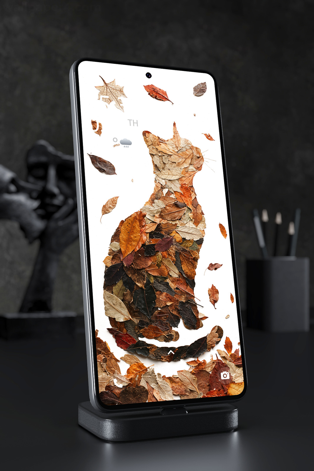 Phone Wallpaper 8145 - Autumn Leaf Cat Art in Warm Earthy Tones