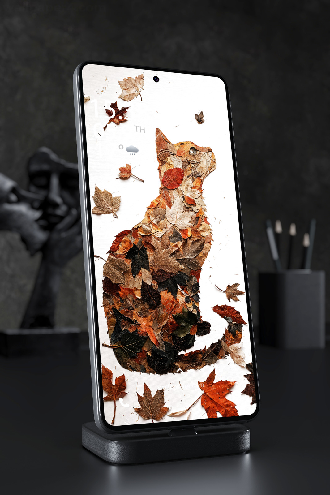 Mobile Wallpaper 8145 - Autumn Leaf Cat Art in Warm Earthy Tones