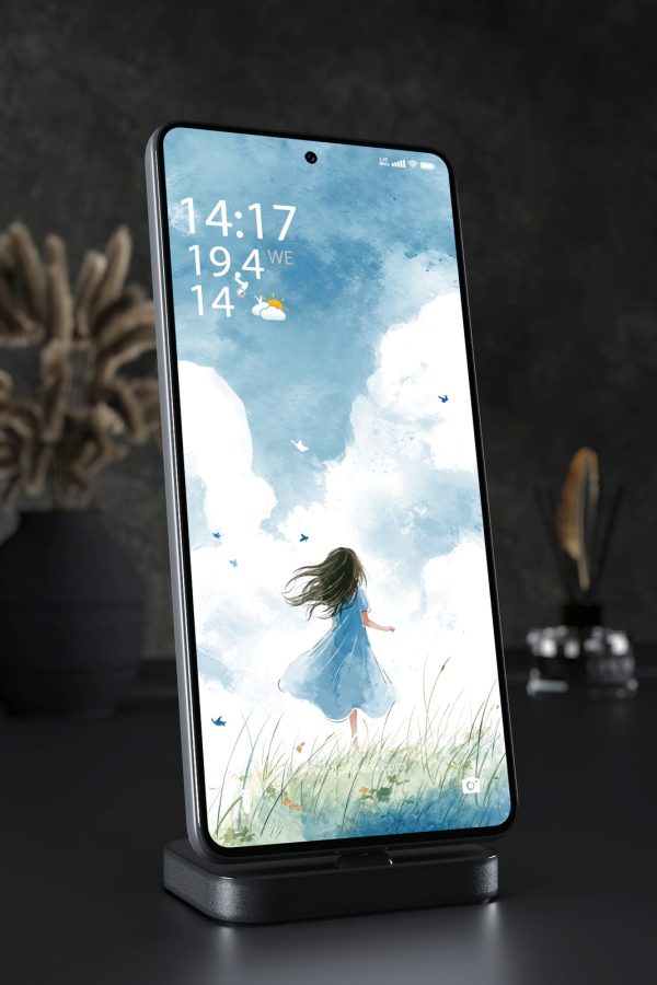 Phone Wallpaper 8160 - Girl Running Beneath a Peaceful Blue Sky