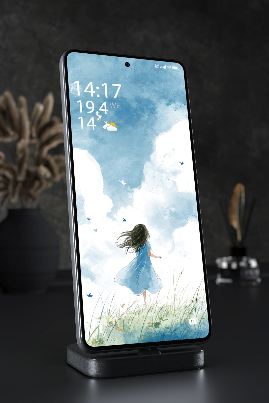 Phone Wallpaper 8160 - Girl Running Beneath a Peaceful Blue Sky