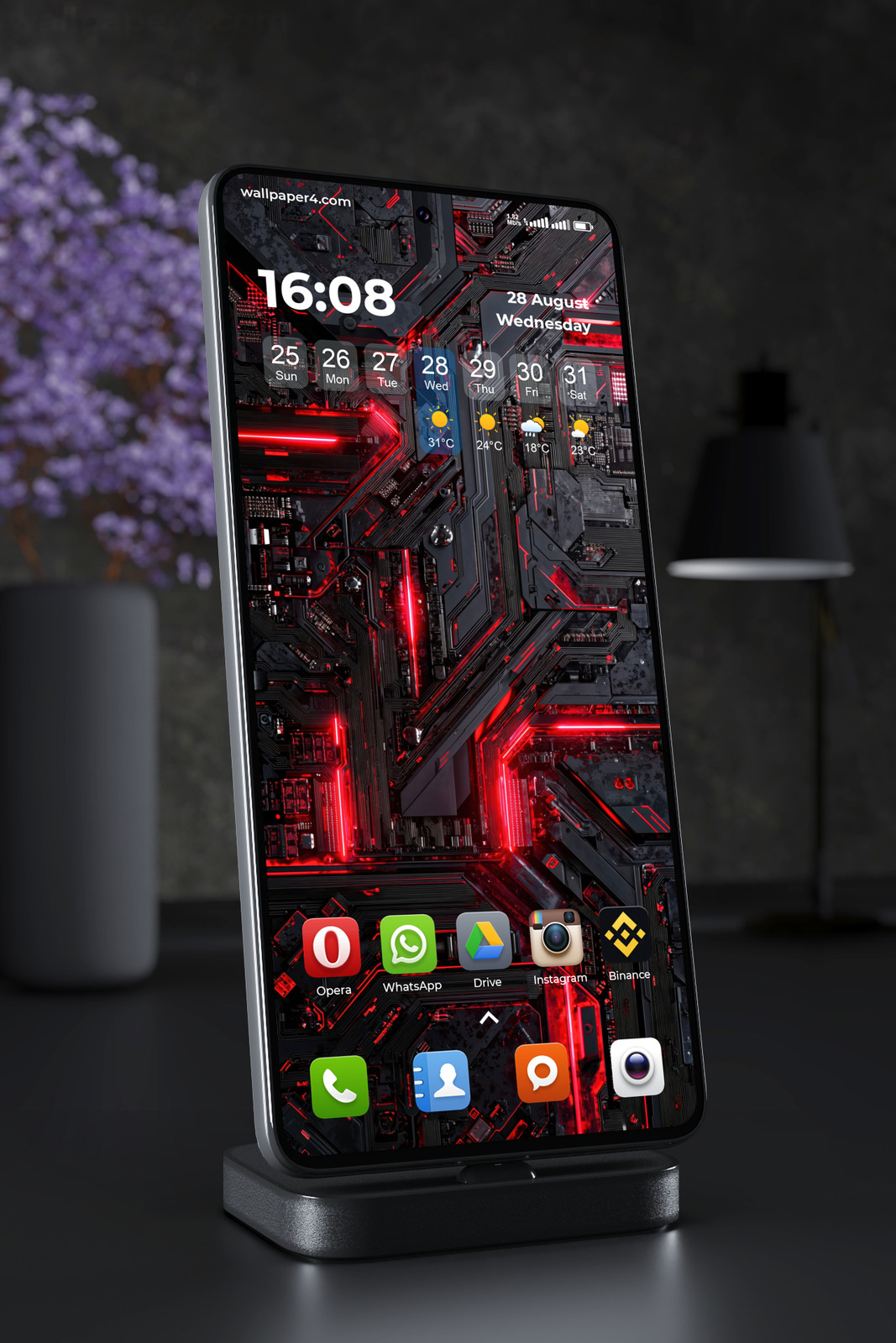 Phone Wallpaper 8175 - Red Neon Cyber Circuit Abstract Technology
