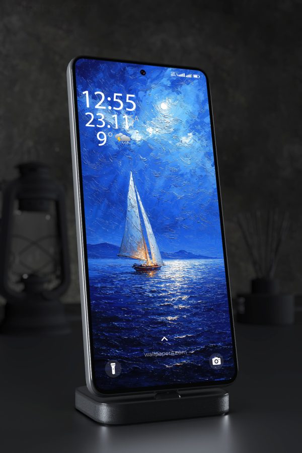 Phone Wallpaper 8195 - Moonlit Sailboat on a Deep Blue Ocean