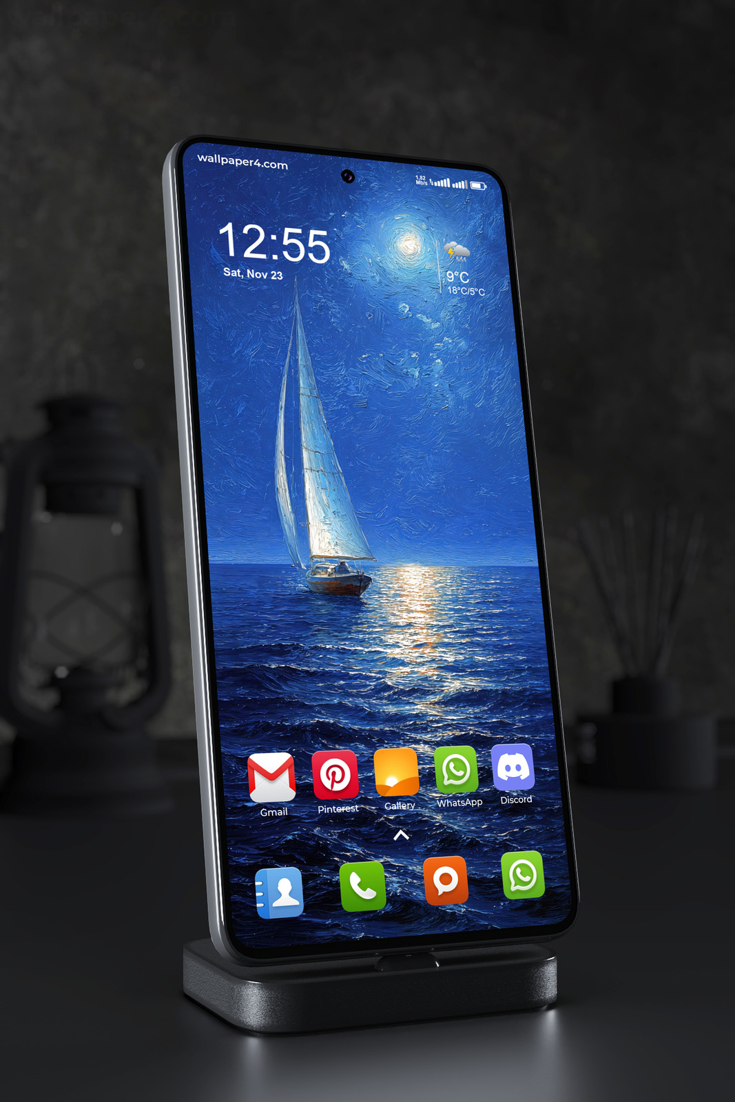 Mobile Wallpaper 8195 - Moonlit Sailboat on a Deep Blue Ocean
