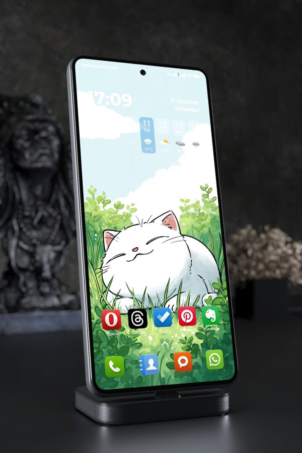 Phone Wallpaper 8203 - Happy White Cat Resting in a Sunny Green Meadow