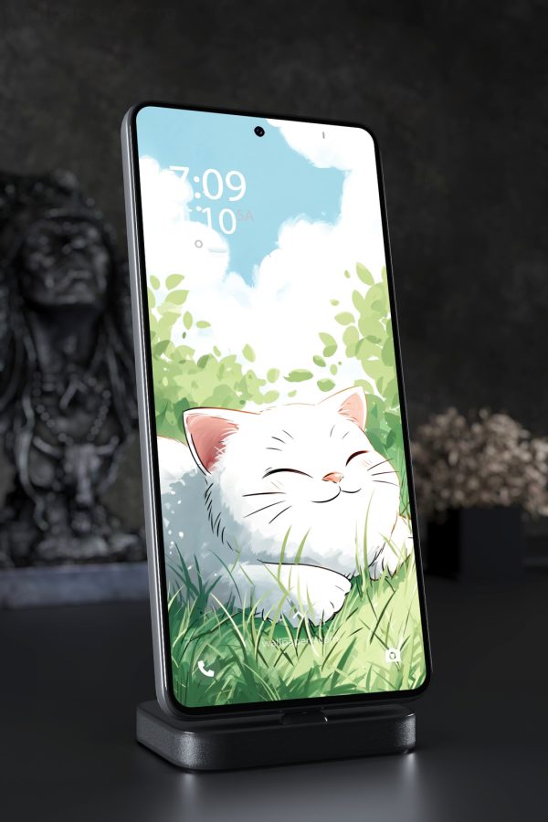 Mobile Wallpaper 8203 - Happy White Cat Resting in a Sunny Green Meadow