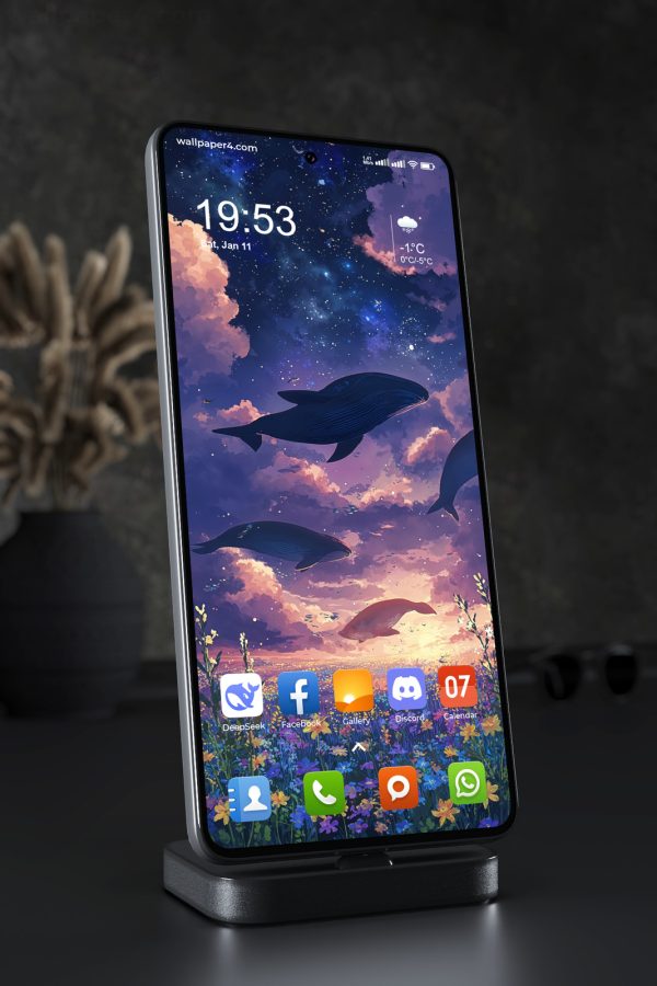 Phone Wallpaper 8225 - Dreamlike Whales Above a Starlit Flower Field