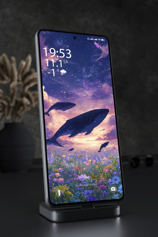 Mobile Wallpaper 8225 - Dreamlike Whales Above a Starlit Flower Field