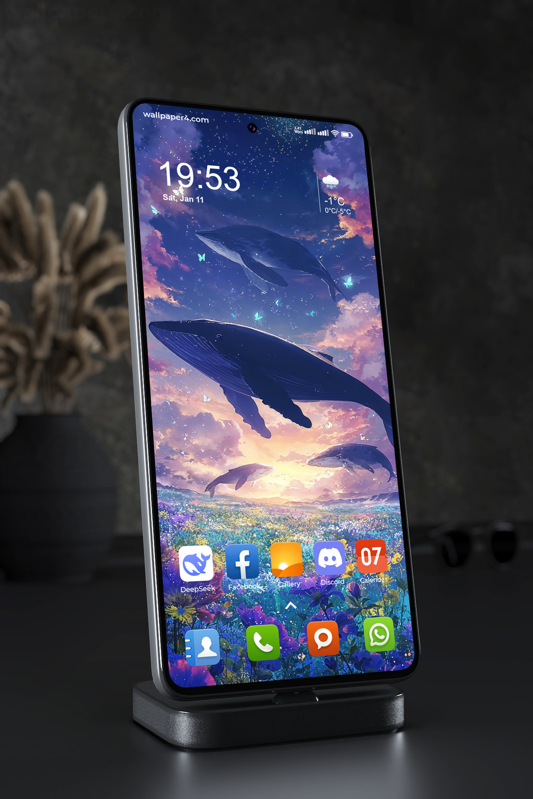 Mobile Wallpaper 8225 - Dreamlike Whales Above a Starlit Flower Field