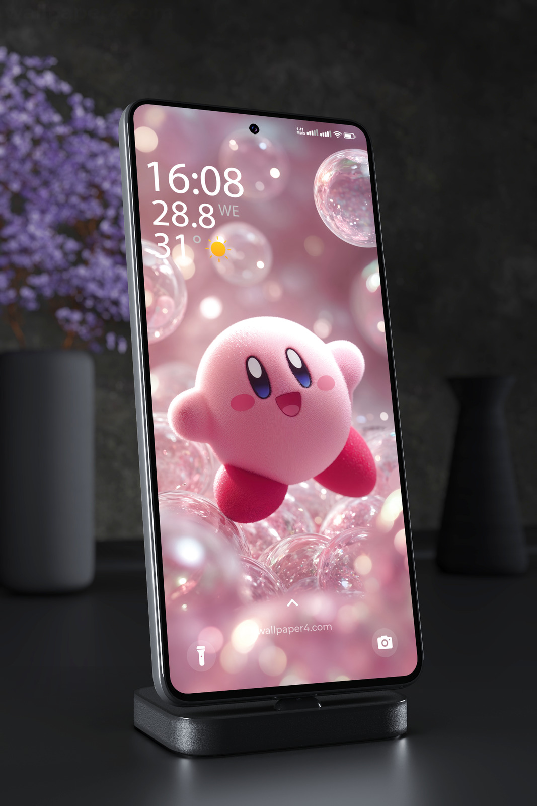 Phone Wallpaper 8234 - Cute Kirby Floating in a Pink Bubble Dreamscape