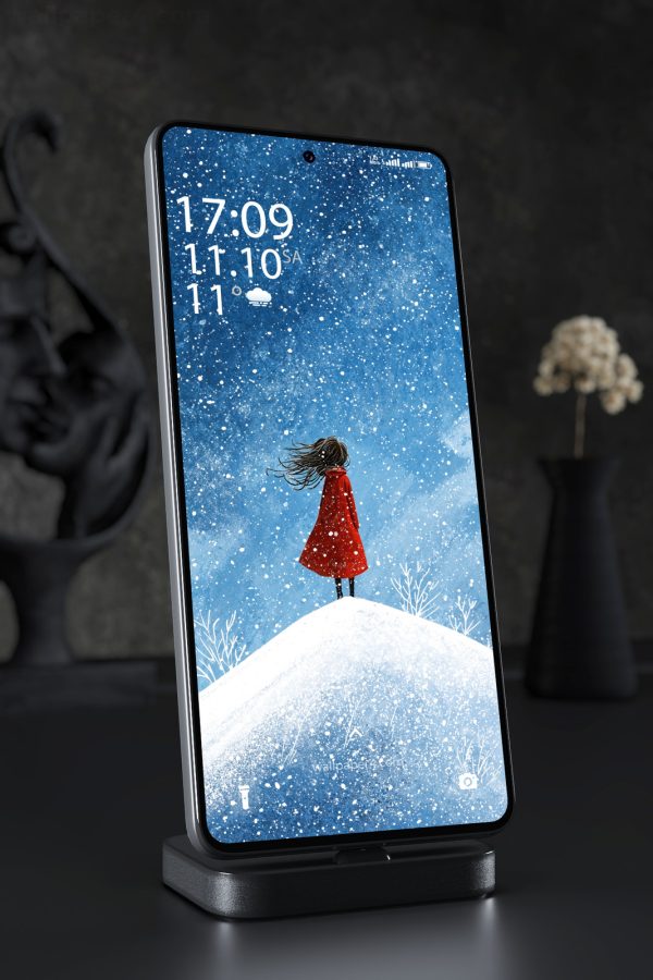 Phone Wallpaper 8237 - Girl in Red Coat Under a Winter Snowstorm