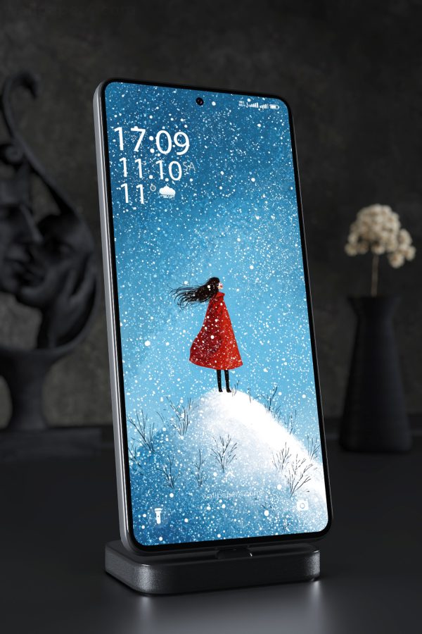 Mobile Wallpaper 8237 - Girl in Red Coat Under a Winter Snowstorm