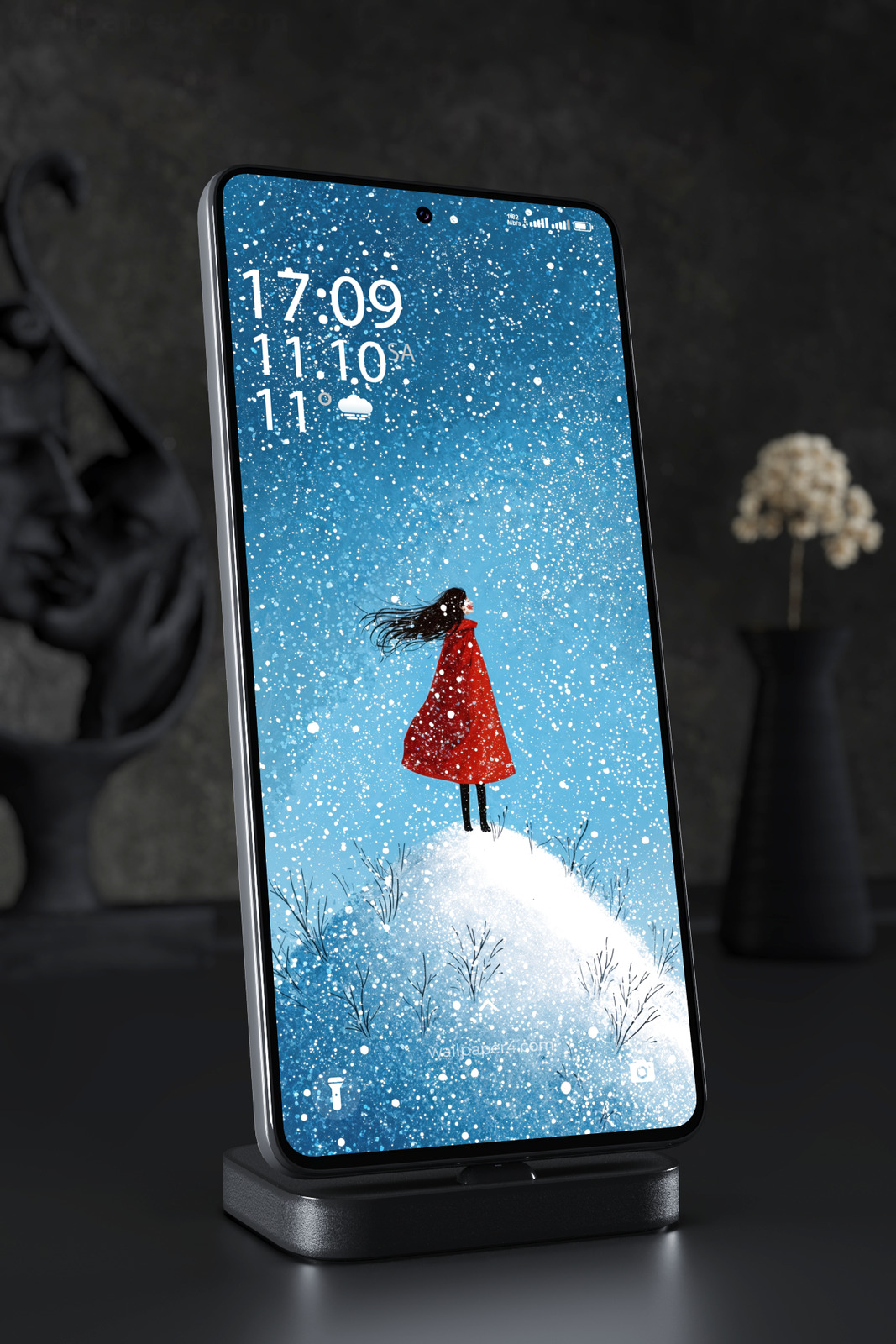 Mobile Wallpaper 8237 - Girl in Red Coat Under a Winter Snowstorm