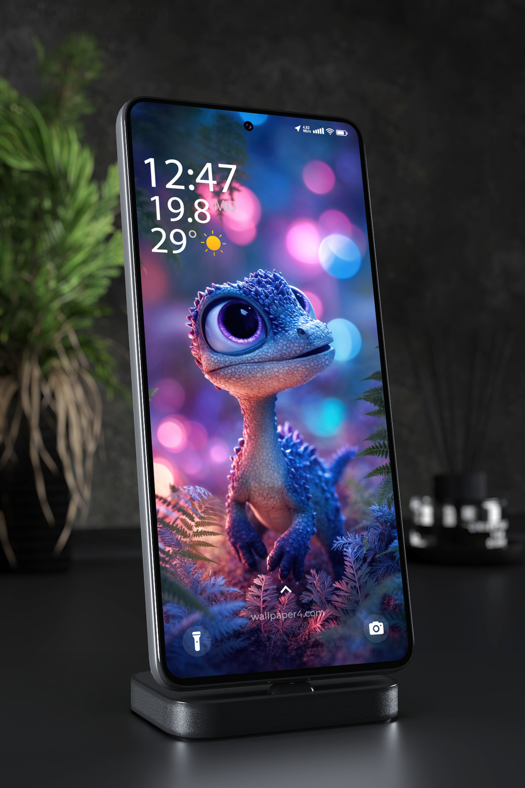 Phone Wallpaper 8262 - Cute Blue Baby Dinosaur in Neon Fantasy Forest