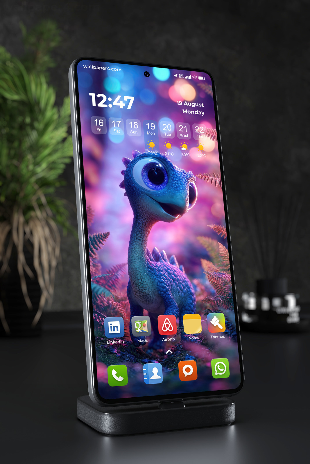 Mobile Wallpaper 8262 - Cute Blue Baby Dinosaur in Neon Fantasy Forest