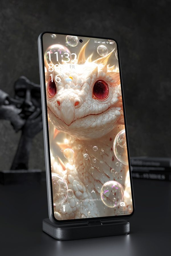 Phone Wallpaper 8267 - Cute White Fantasy Dragon with Golden Spikes