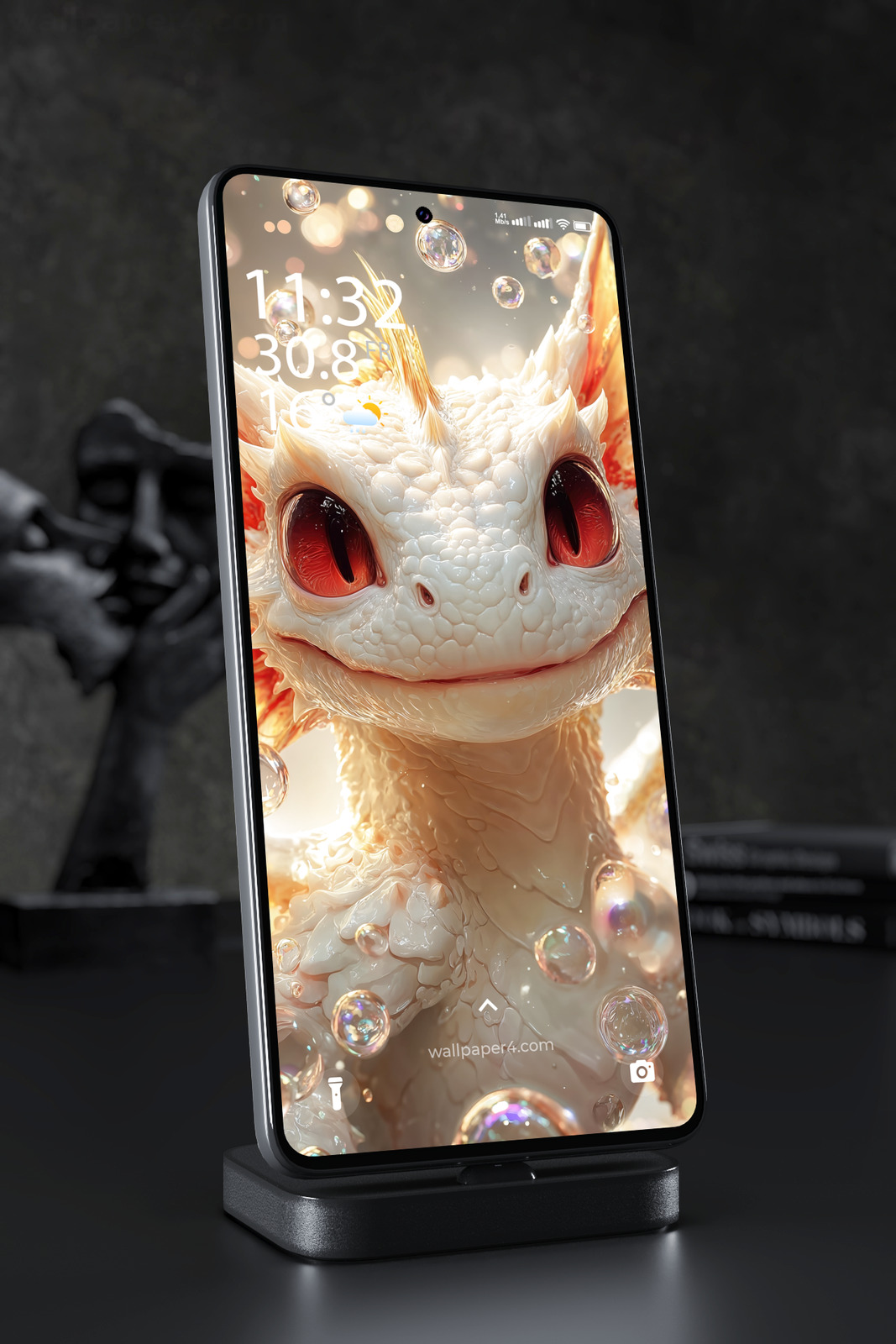 Mobile Wallpaper 8267 - Cute White Fantasy Dragon with Golden Spikes