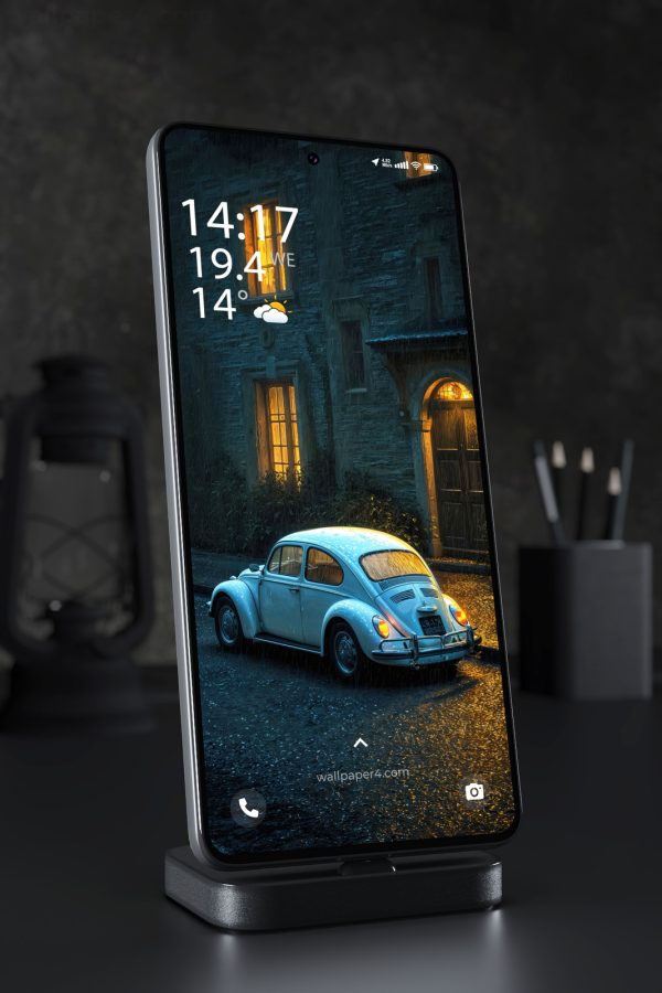Phone Wallpaper 8301 - Vintage Volkswagen Beetle on a Rainy Blue Night