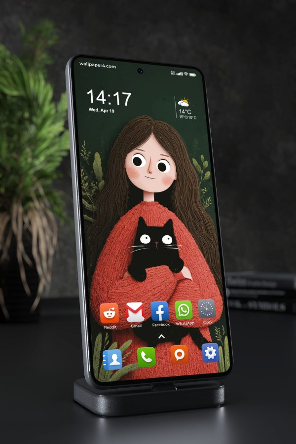 Phone Wallpaper 8310 - Cozy Girl Holding a Black Cat in the Forest
