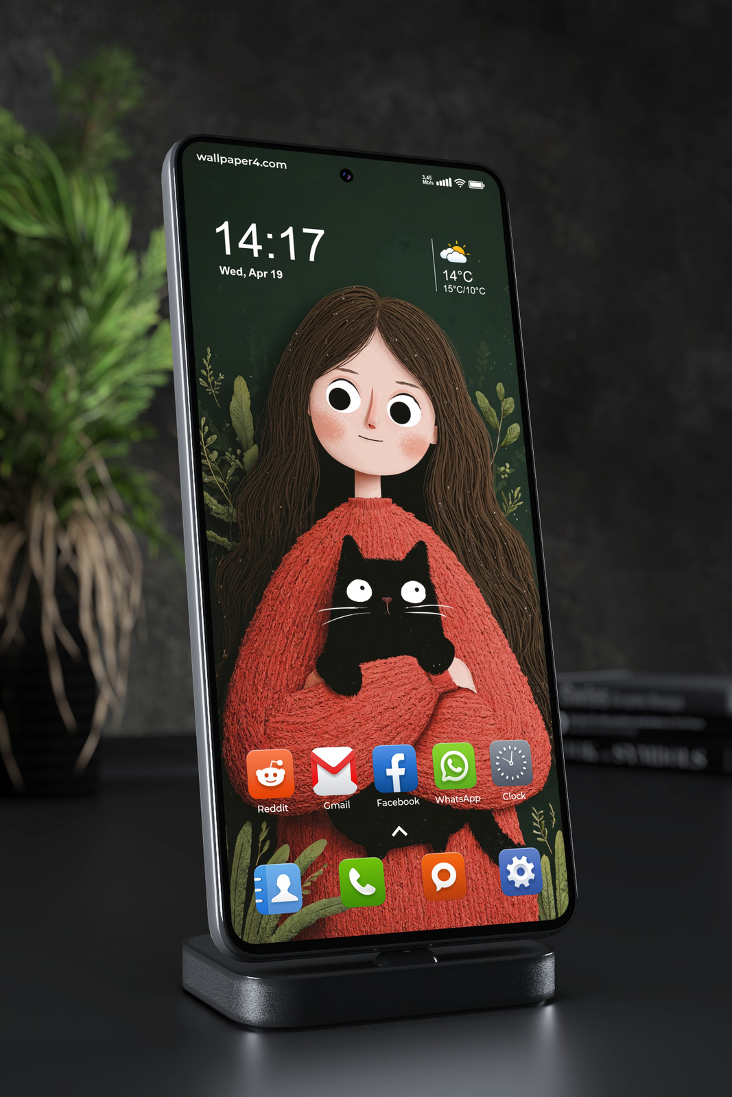 Phone Wallpaper 8310 - Cozy Girl Holding a Black Cat in the Forest