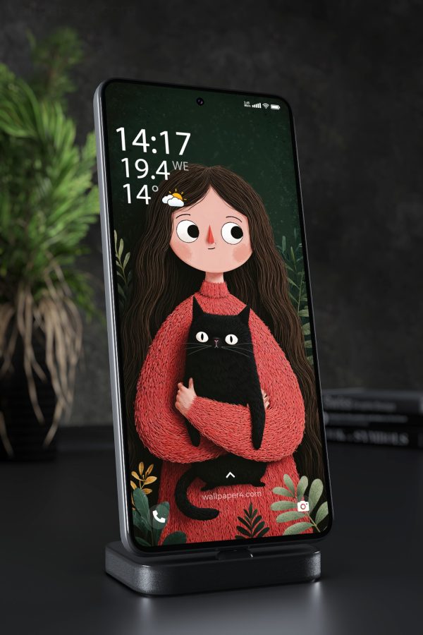 Mobile Wallpaper 8310 - Cozy Girl Holding a Black Cat in the Forest