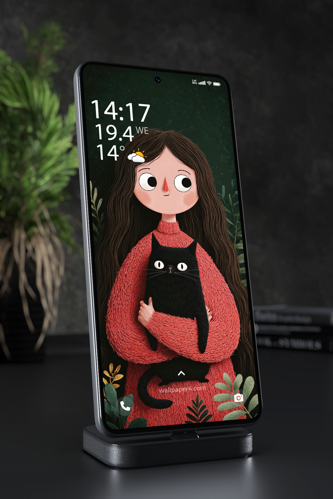 Mobile Wallpaper 8310 - Cozy Girl Holding a Black Cat in the Forest