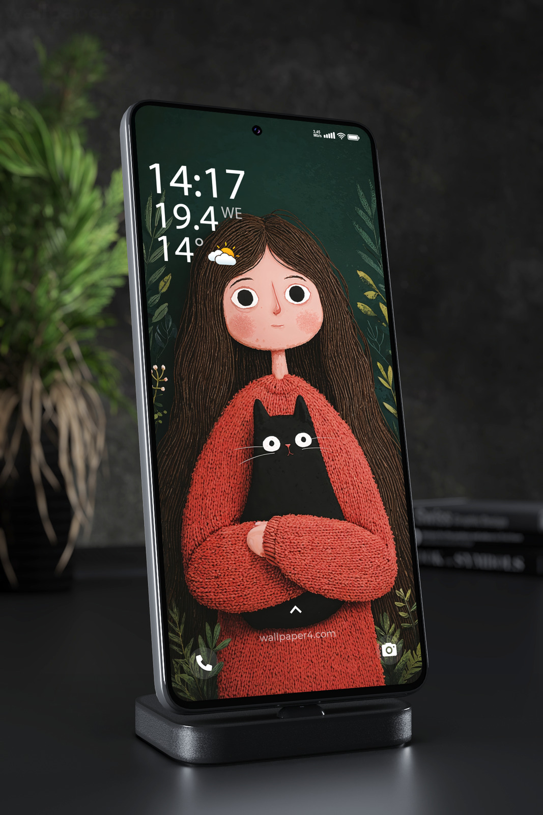 Mobile Wallpaper 8310 - Cozy Girl Holding a Black Cat in the Forest