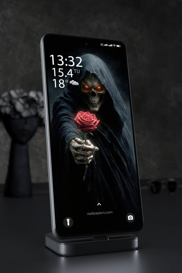 Phone Wallpaper 8370 - Grim Reaper Skull with Red Rose