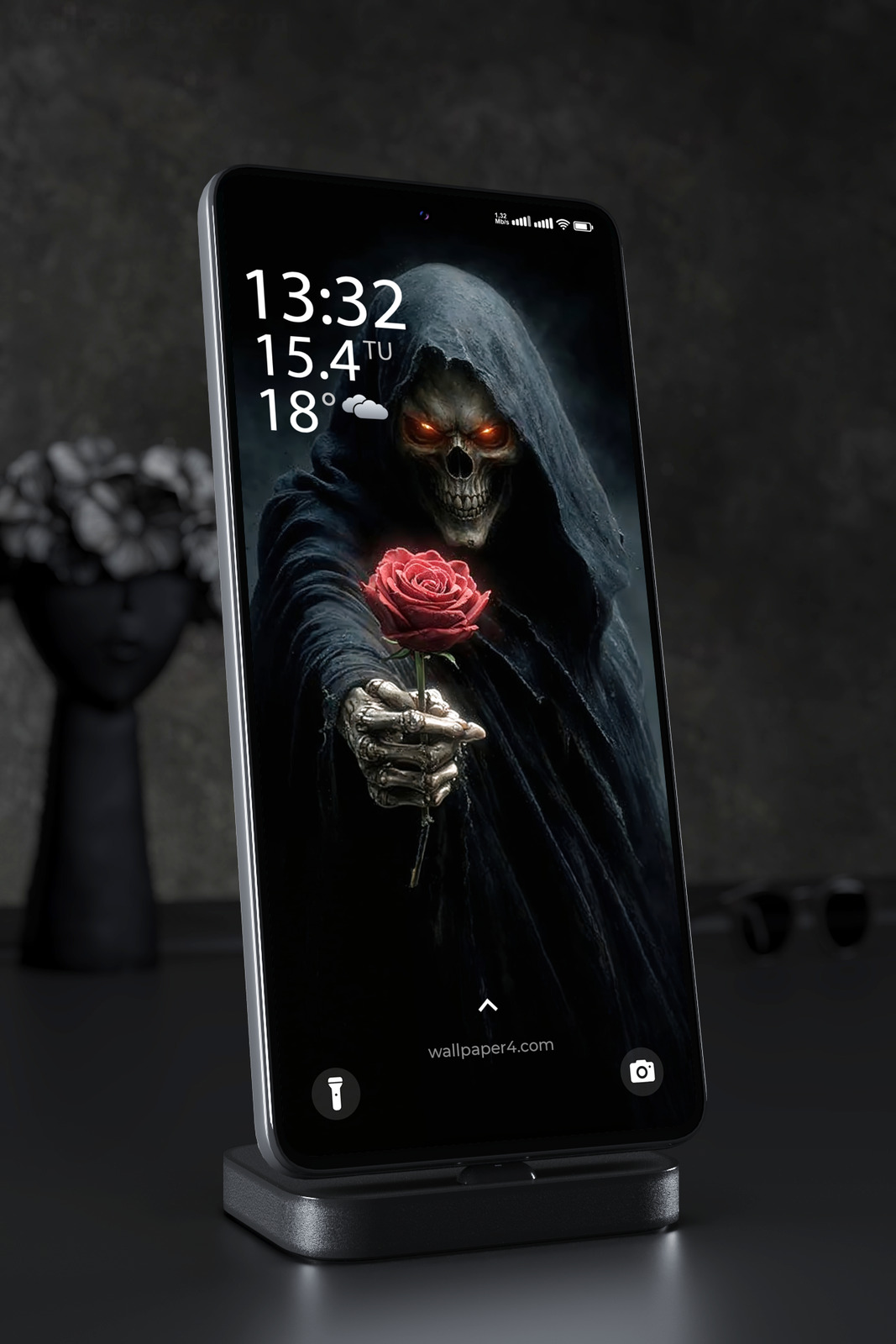 Phone Wallpaper 8370 - Grim Reaper Skull with Red Rose