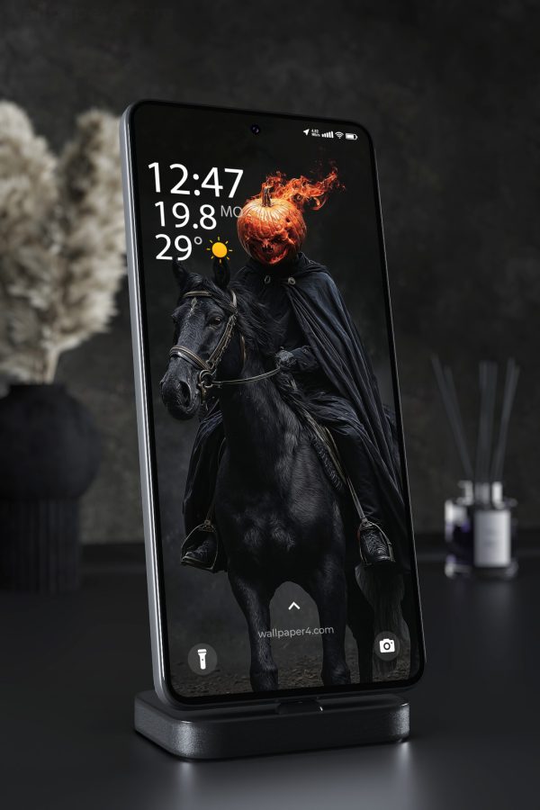 Phone Wallpaper 8385 - Flaming Pumpkin Rider on Black Horse