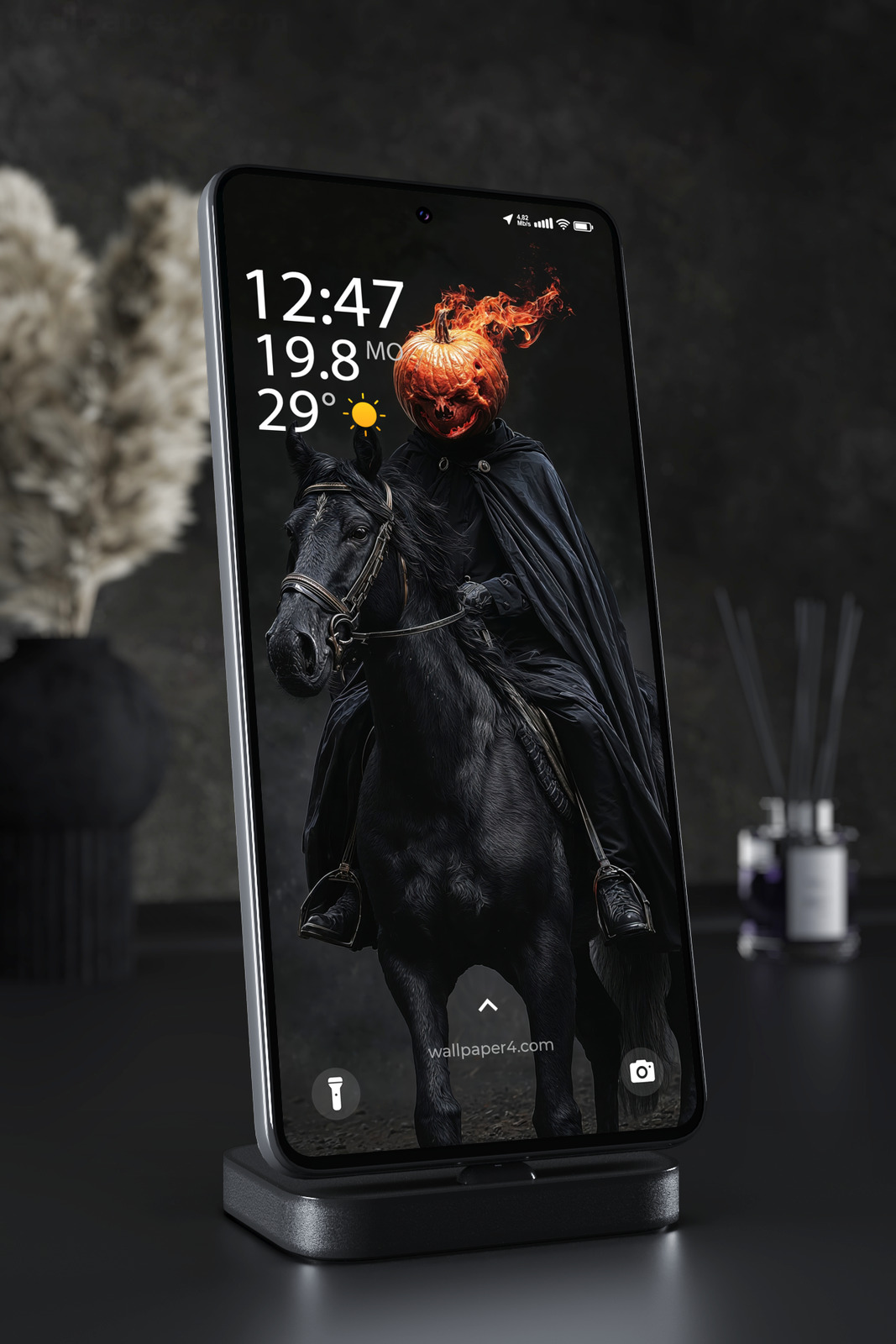 Phone Wallpaper 8385 - Flaming Pumpkin Rider on Black Horse