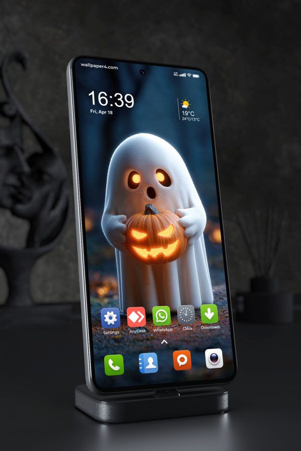 Phone Wallpaper 8390 - Cute Halloween Ghost with Glowing Pumpkin