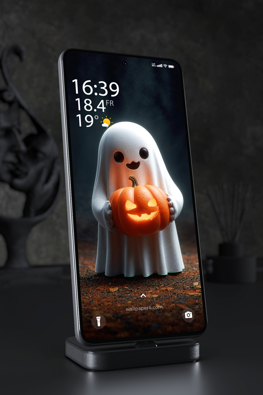 Mobile Wallpaper 8390 - Cute Halloween Ghost with Glowing Pumpkin