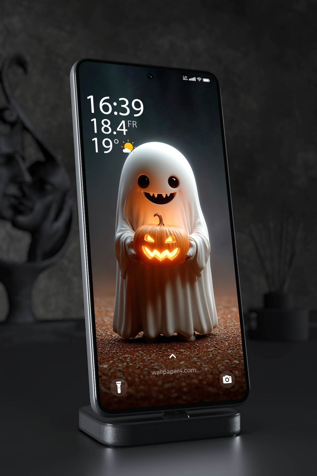 Mobile Wallpaper 8390 - Cute Halloween Ghost with Glowing Pumpkin