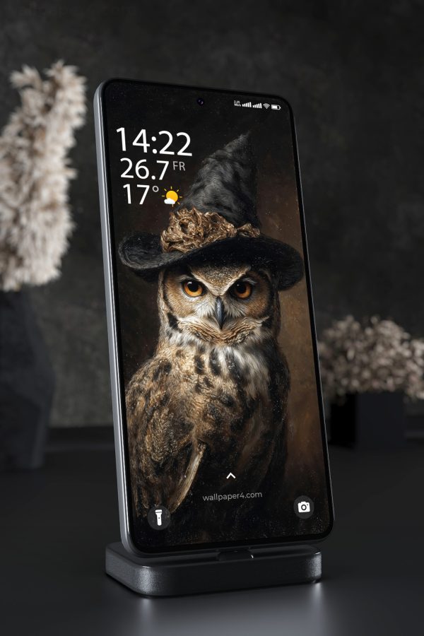Phone Wallpaper 8395 - Mystical Owl in a Dark Witch Hat