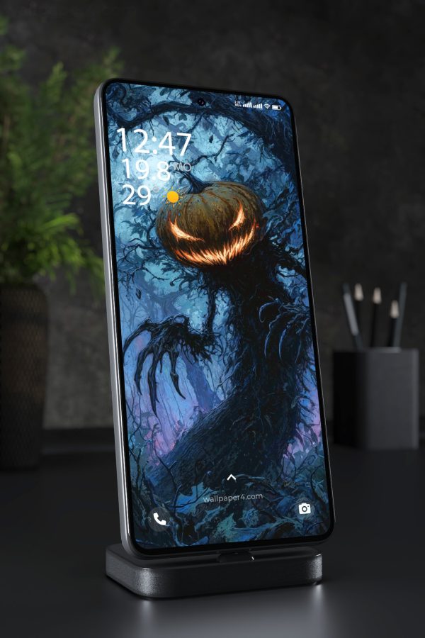 Phone Wallpaper 8398 - Haunted Pumpkin Forest Dark Halloween Art