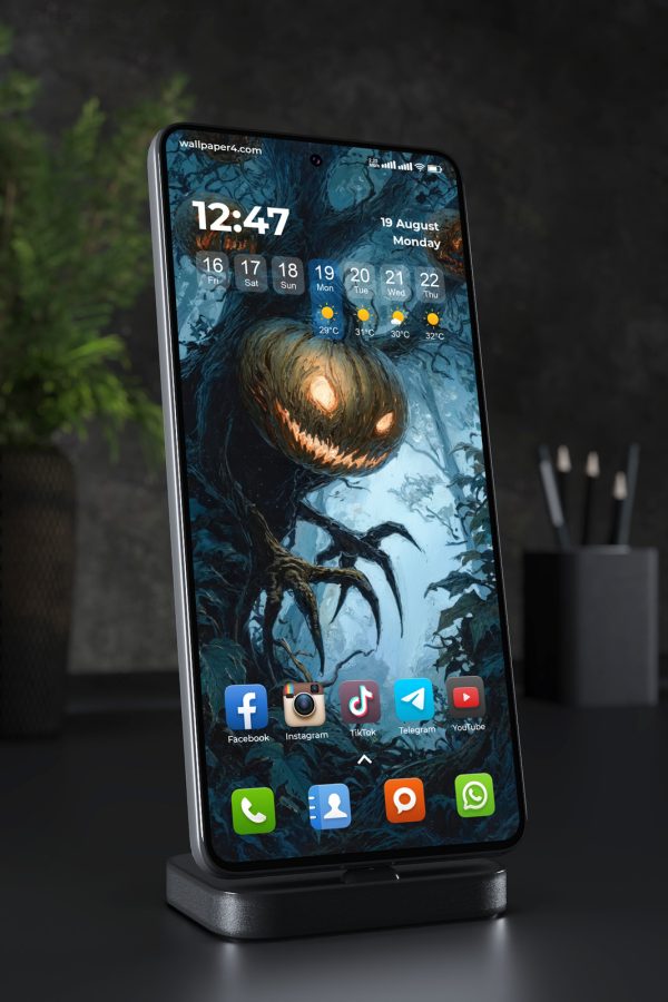 Mobile Wallpaper 8398 - Haunted Pumpkin Forest Dark Halloween Art