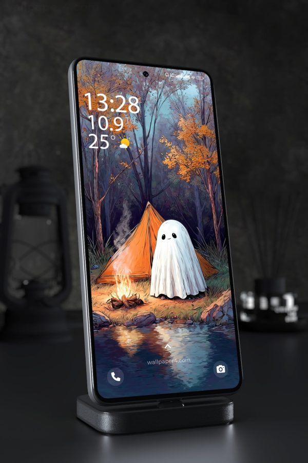Phone Wallpaper 8401 - Cute Ghost Camping in an Autumn Forest